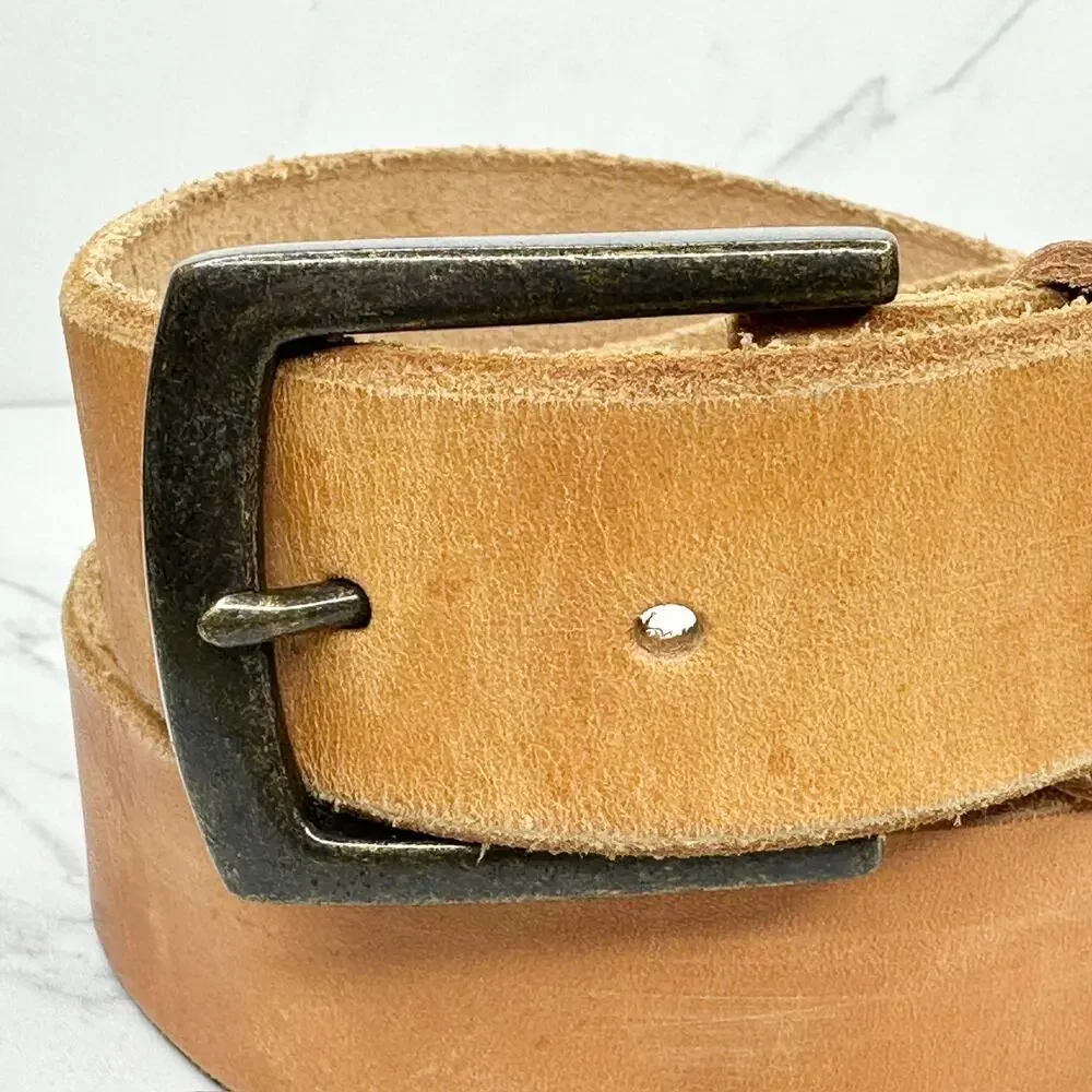 Brown Genuine Leather Belt Bronze Buckle Mens Size 36 ✨